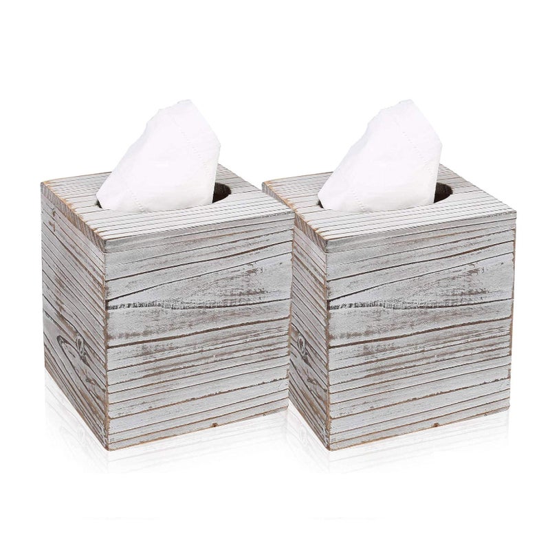 Khnum White Barnwood Tissue Box Cover: 2 Pack Tissue Box Holder Includes Slide-Out Bottom Panel, Stylish Tissue Box Cover Square Perfect for Farmhouse Bathroom Decor - Image 1